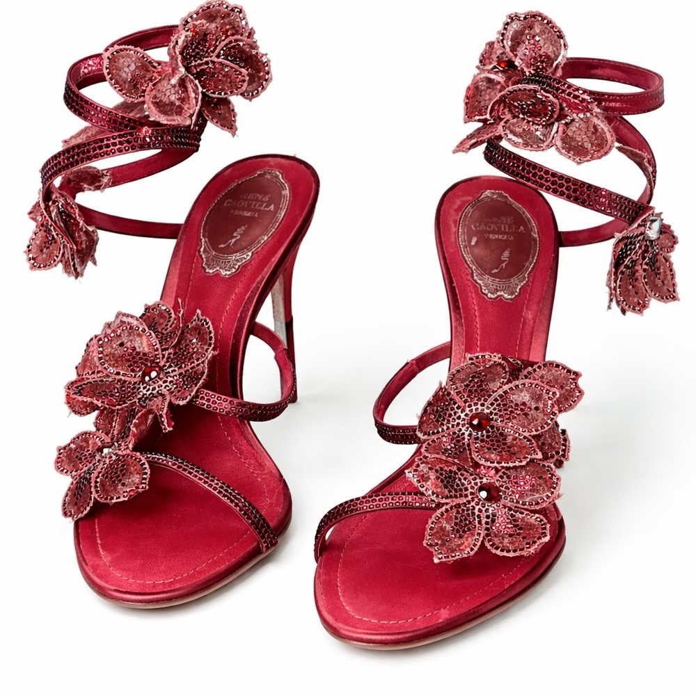 René Caovilla Crystal Flower Embellished Satin Heels – Venezia Collection ✨